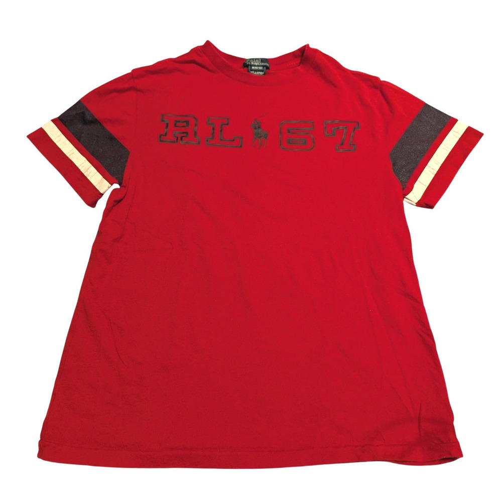 Polo Ralph Lauren Boys Red RL 67 Graphic T-Shirt Striped Sleeve Size M‎ 10-12